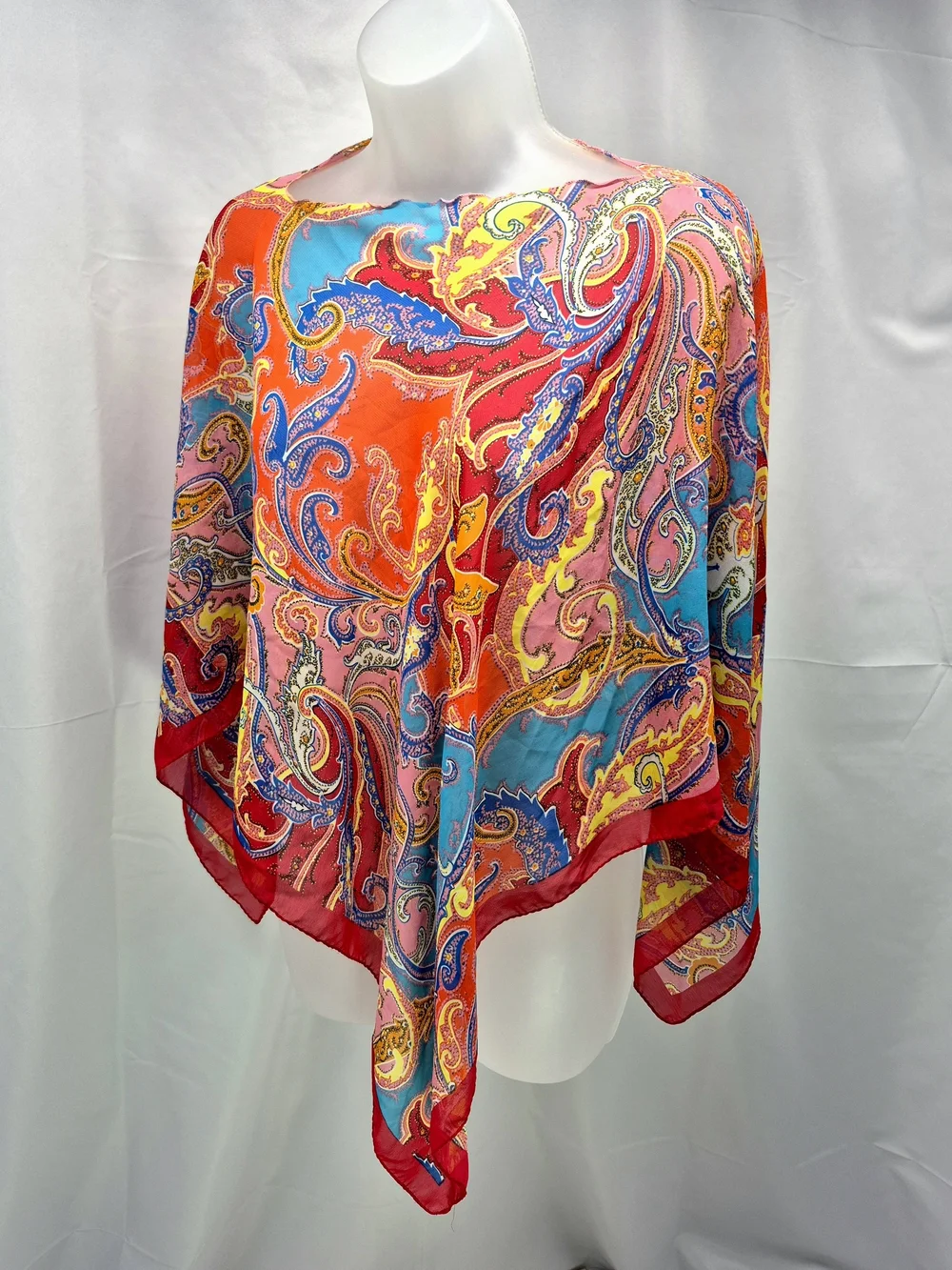 Vibrant Multicolor Paisley Print Silk Square Scarf Magenta Border Beach Chic